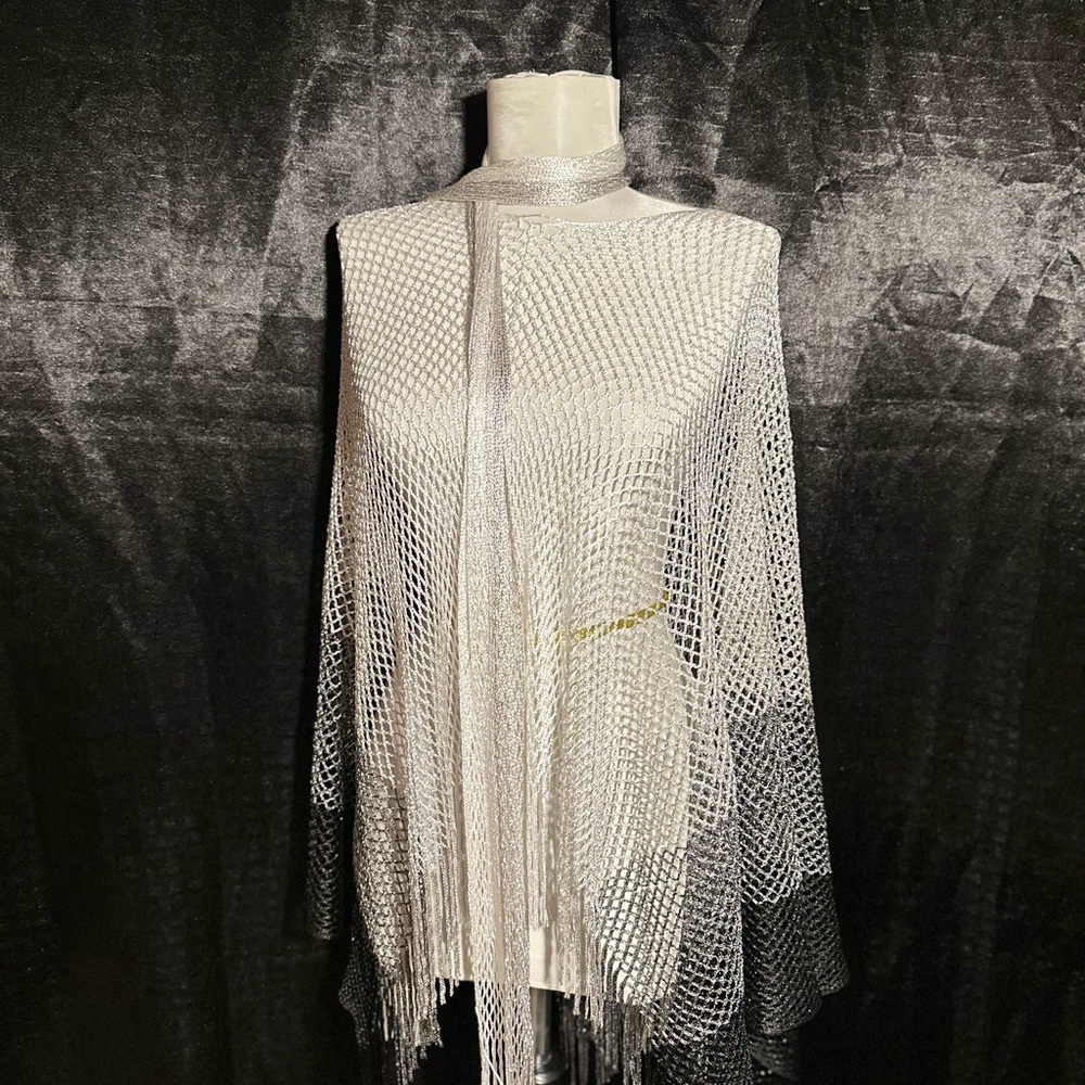 Metallic Ombre Poncho + Scarf Set | Silver Black Fringe Statement